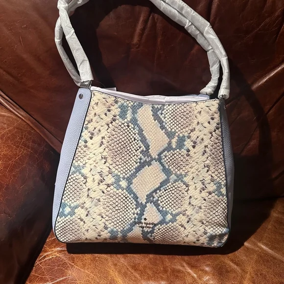 NWT Kate Spade Leila Snake Blue & Tan Medium Triple Pocket Shoulder Bag New - Picture 6 of 8